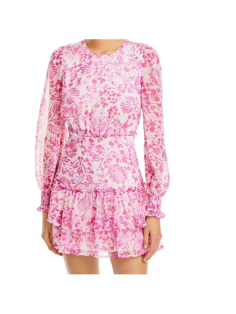 Aqua flora print riffle tiered pink mini dress size S